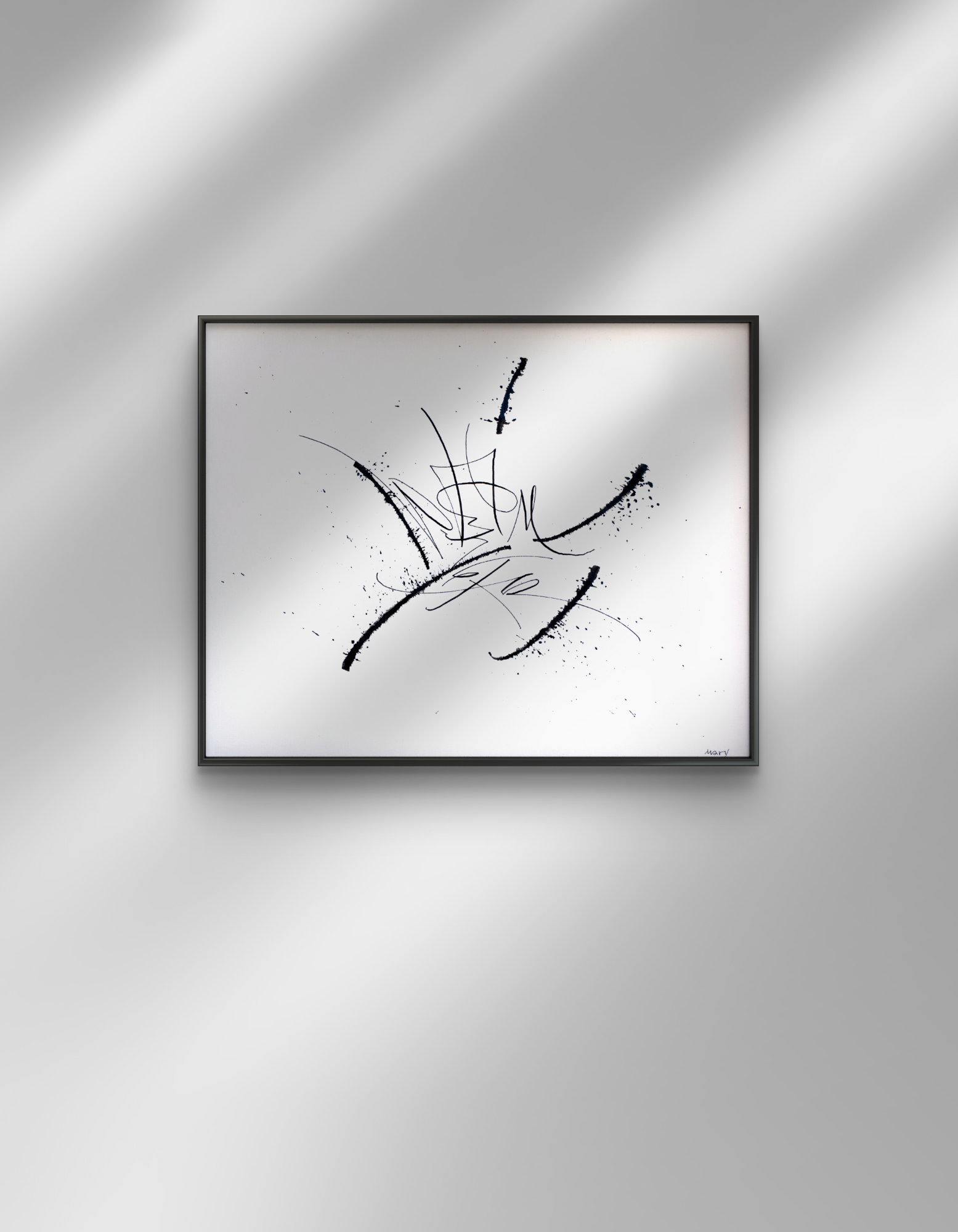 No Time for Fancy original abstract calligraphy artwork in white and black by Mary Pavlova in a frame