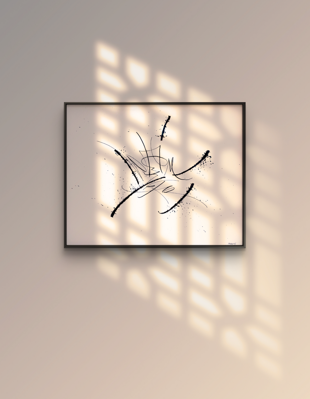 No Time for Fancy original abstract calligraphy artwork in white and black by Mary Pavlova on the wall in a warm light