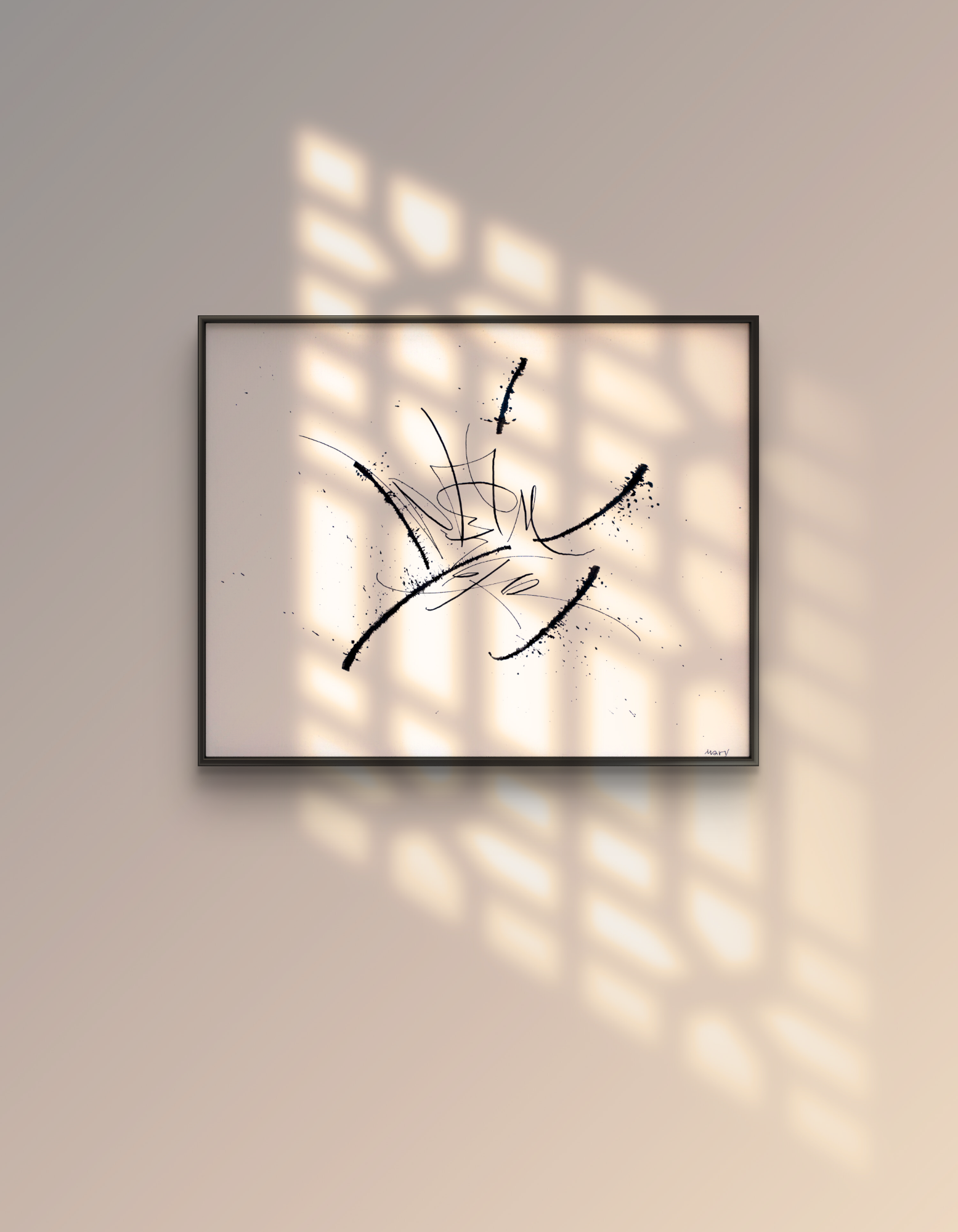 No Time for Fancy original abstract calligraphy artwork in white and black by Mary Pavlova on the wall in a warm light