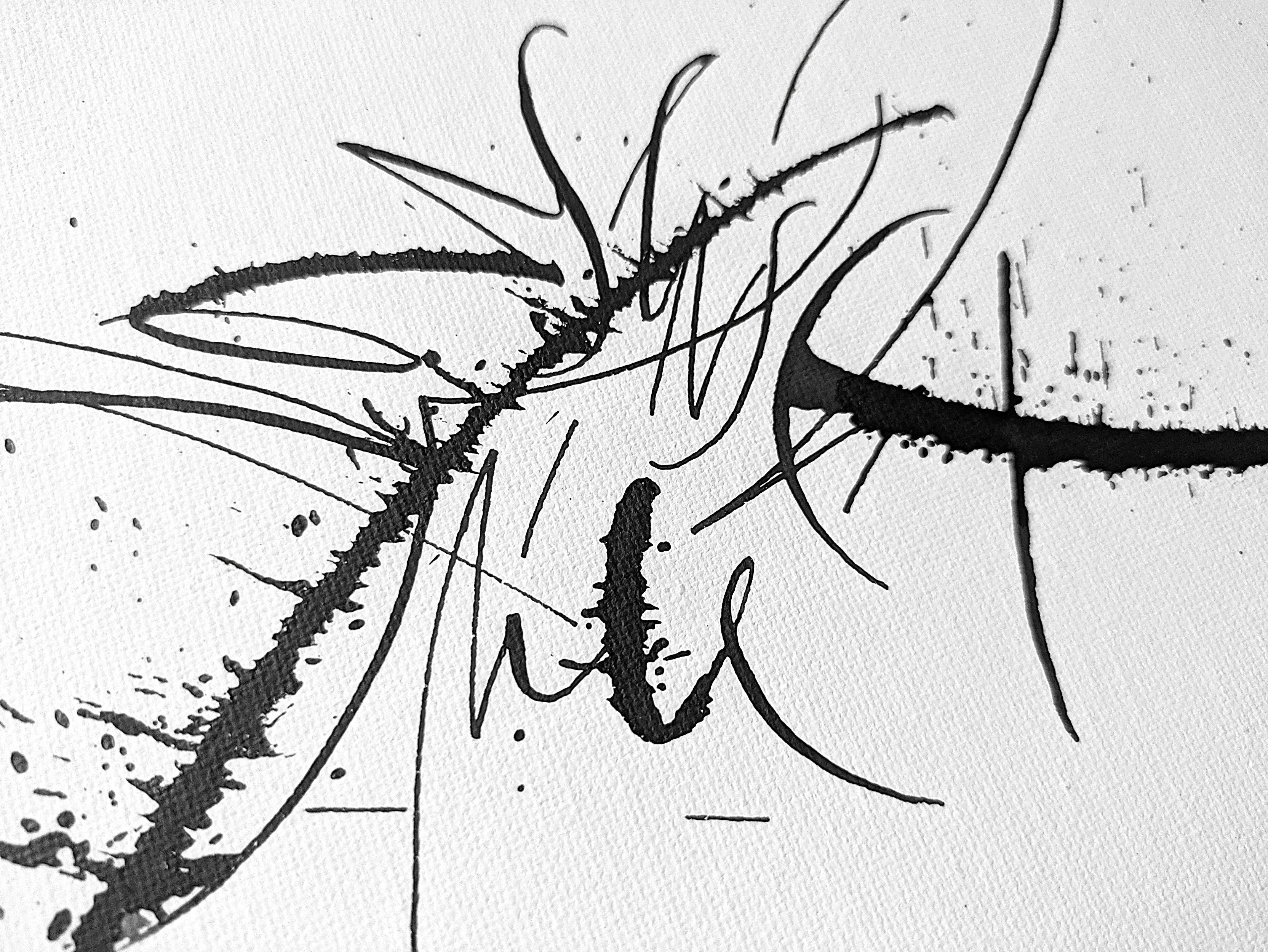 Detail of Nonsense But Nice abstract calligraphy artwork in white and black by Mary Pavlova