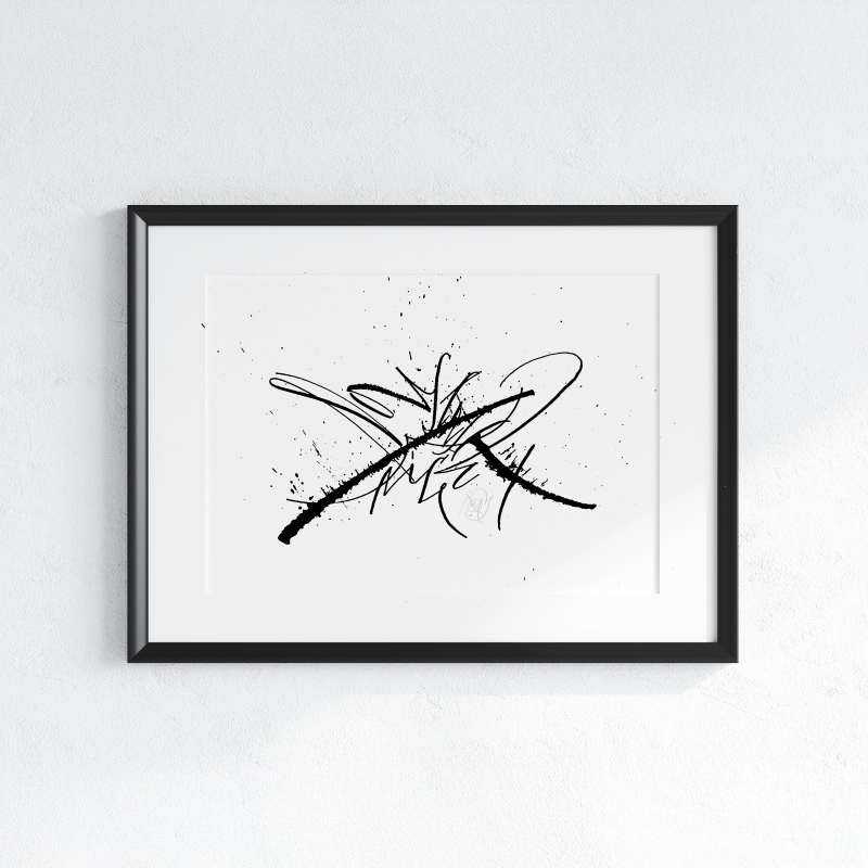 Nonsense But Nice original abstract calligraphy artwork in white and black by Mary Pavlova in a frame