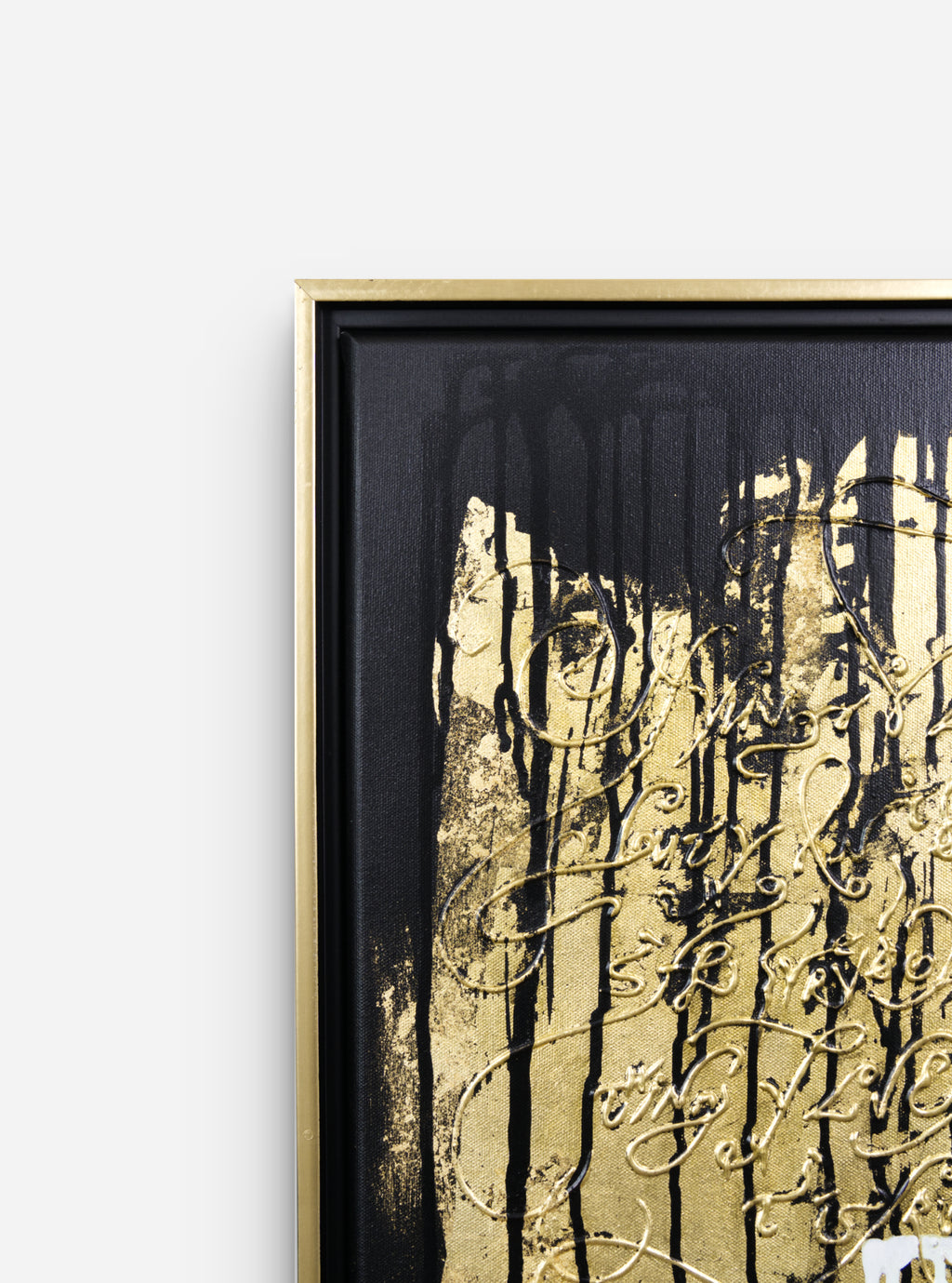 Privilege original abstract calligraphy artwork in black and gold by Mary Pavlova in a frame