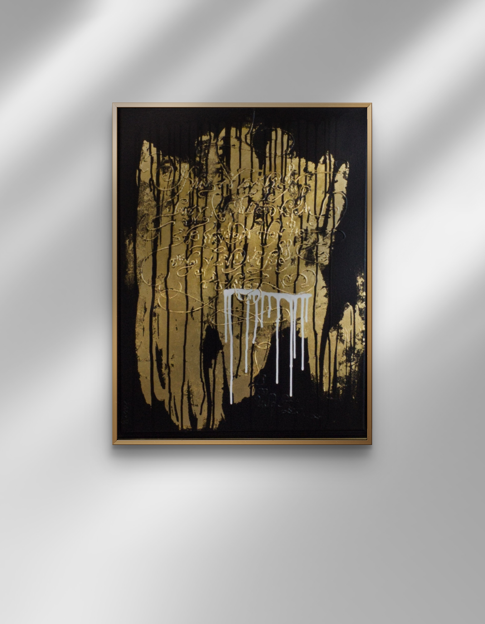 Privilege original abstract calligraphy artwork in black and gold by Mary Pavlova on the wall