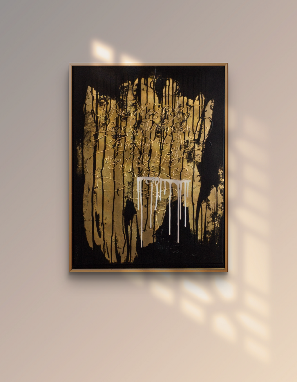Privilege original abstract calligraphy artwork in black and gold by Mary Pavlova on the wall in a warm light