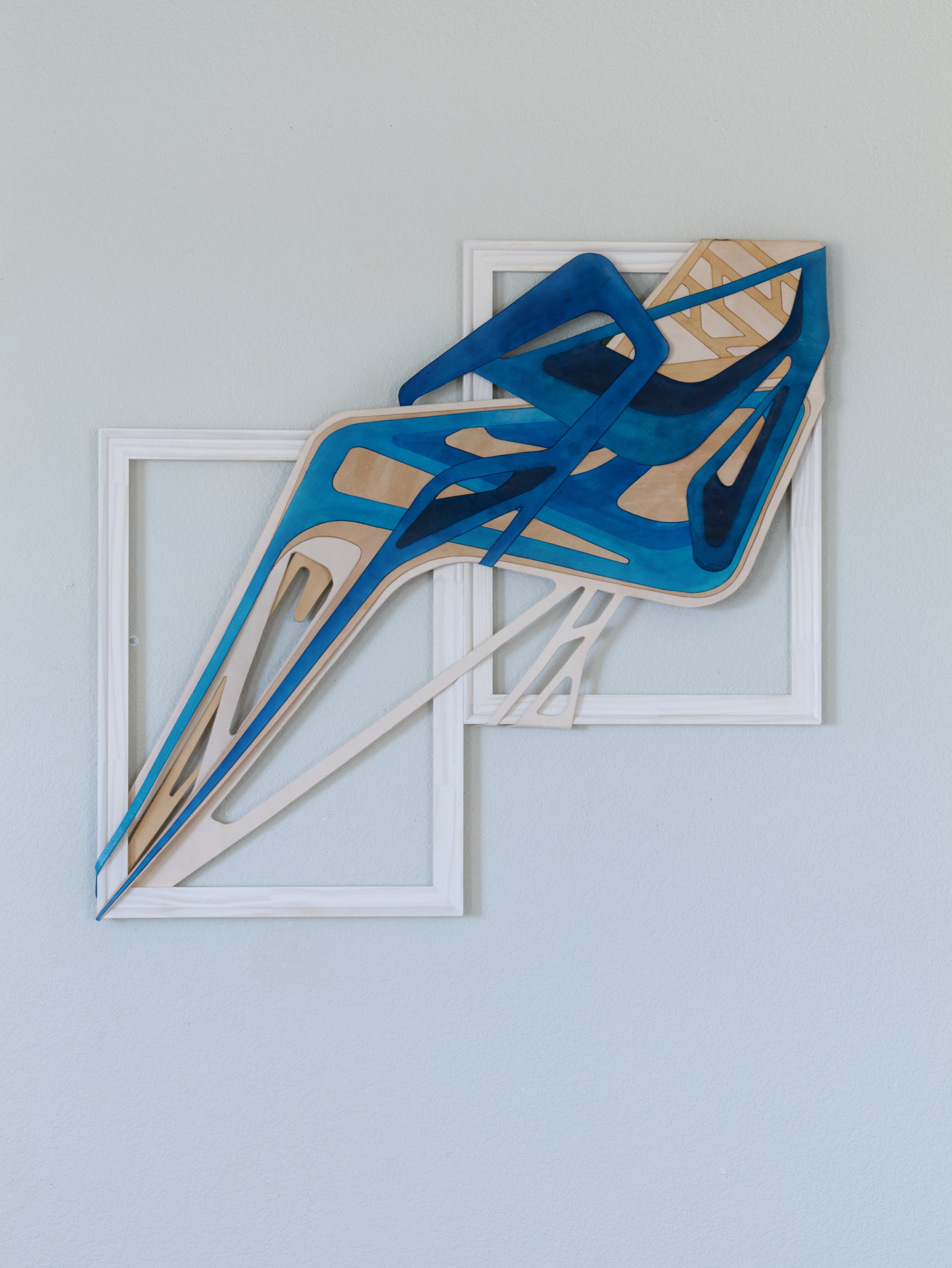 Signatrue stlye original abstract text-based artwork in blue and beige by Mary Pavlova