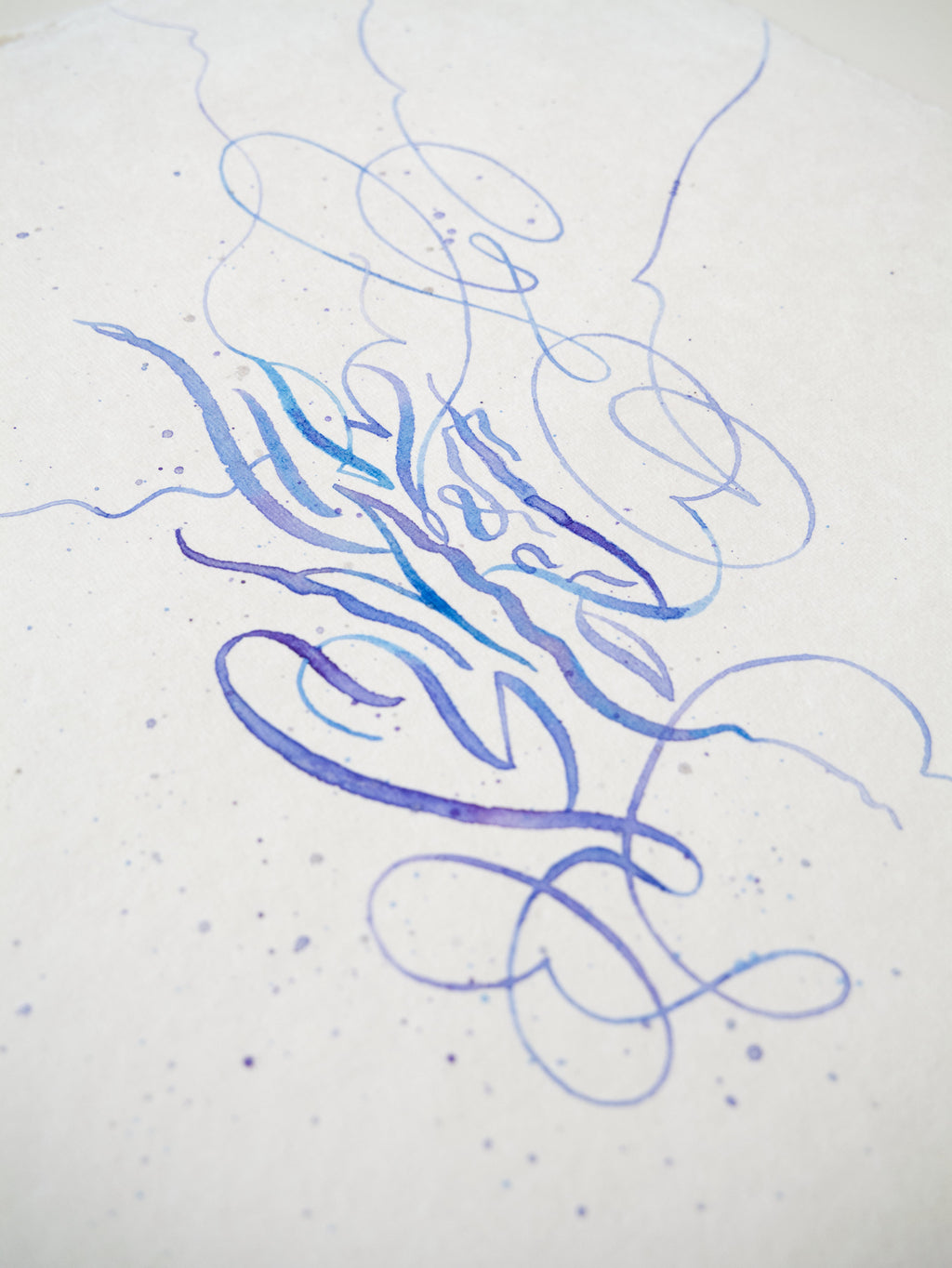 Detail of Symphony and Art abstract calligraphy artwork in white and blue
