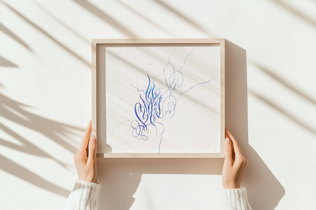 Symphony and Art original abstract calligraphy artwork in white and blue by Mary Pavlova in a frame