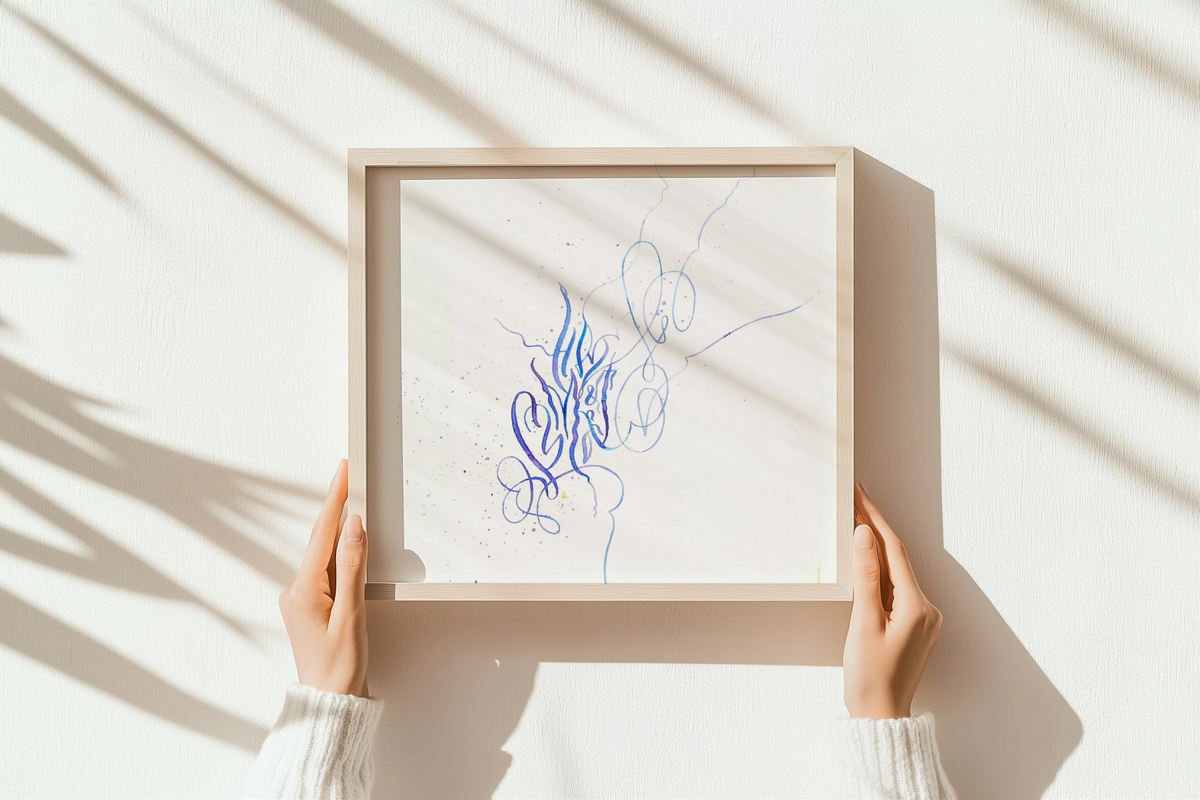 Symphony and Art original abstract calligraphy artwork in white and blue by Mary Pavlova in a frame
