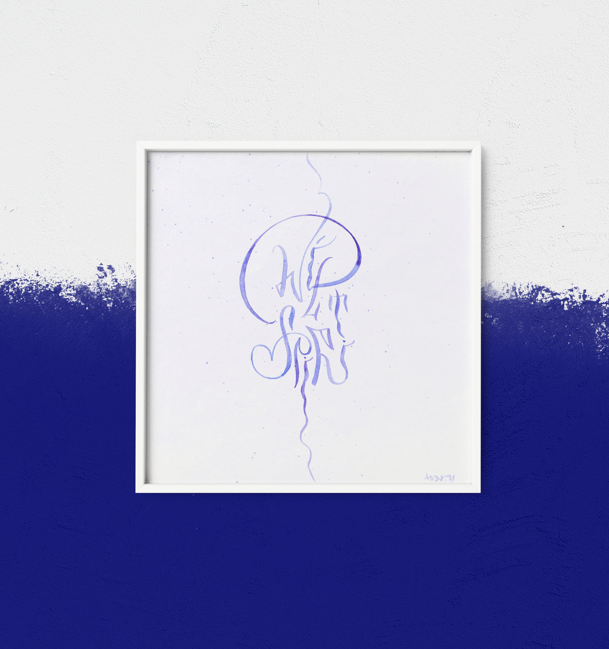 Wild Spirit original abstract calligraphy artwork by Mary Pavlova in white and blue