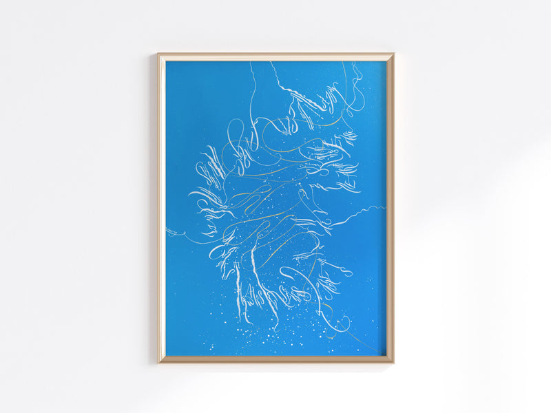 Framed artwork with abstract design on a blue background